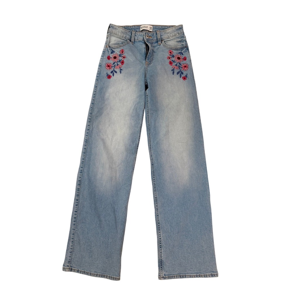 Abercrombie & Fitch High Rise Wide Leg Embroidered Floral Jeans 13/14 Long